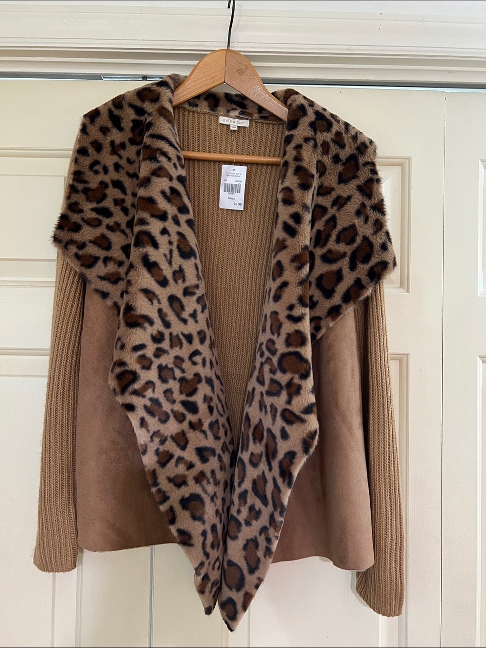 Faux-Suede Open Front Cardigan with Leopard Faux-Fur Trim - Camel